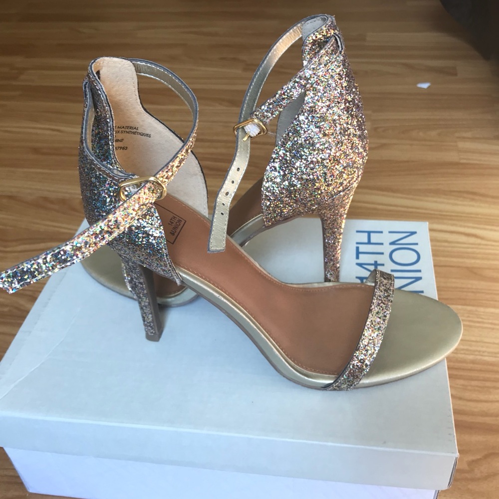 Gold glitter ankle strap high heels
